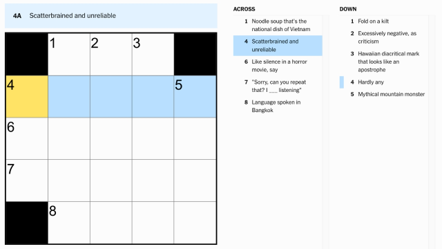 the clue, scatterbrained and unreliable, from the nyt mini crossword puzzle highlighted in blue and yellow