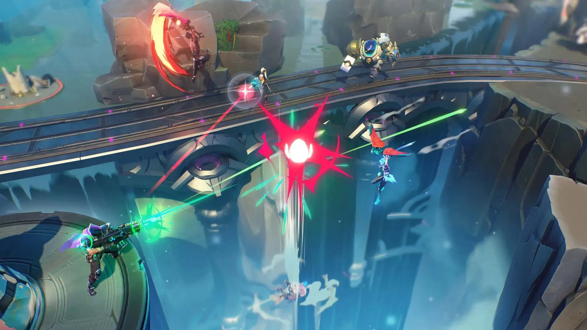 Characters battle on a futuristic railroad track across a wide chasm, with explosions and lasers firing between them.