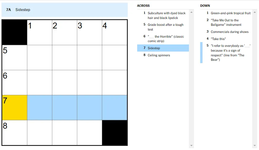 Picture showing the sidestep clue in NYT Mini Crossword.