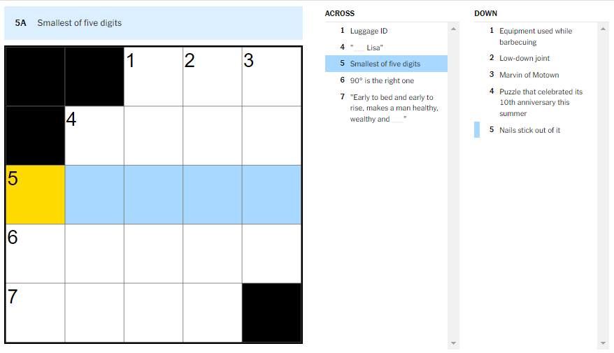 Picture showing the smallest of five digits clue in NYT Mini Crossword.