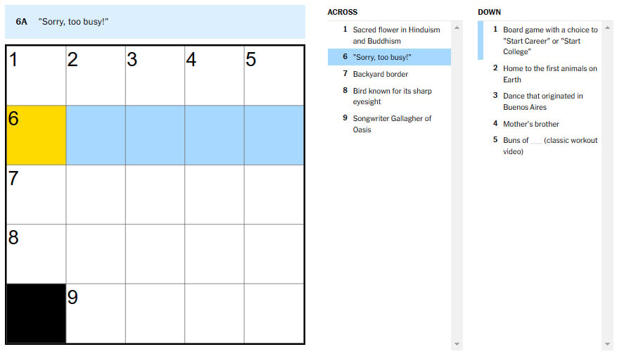 Picture showing the sorry, too busy clue in NYT Mini Crossword.