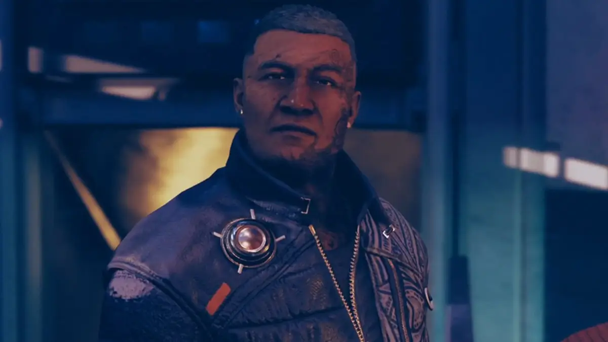 Man with a scarred face and a black jacket talking to the player character in Starfield