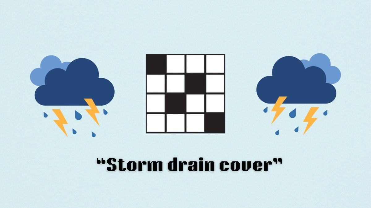 Two storm clouds above the clue, storm drain cover, from the nyt mini crossword puzzle