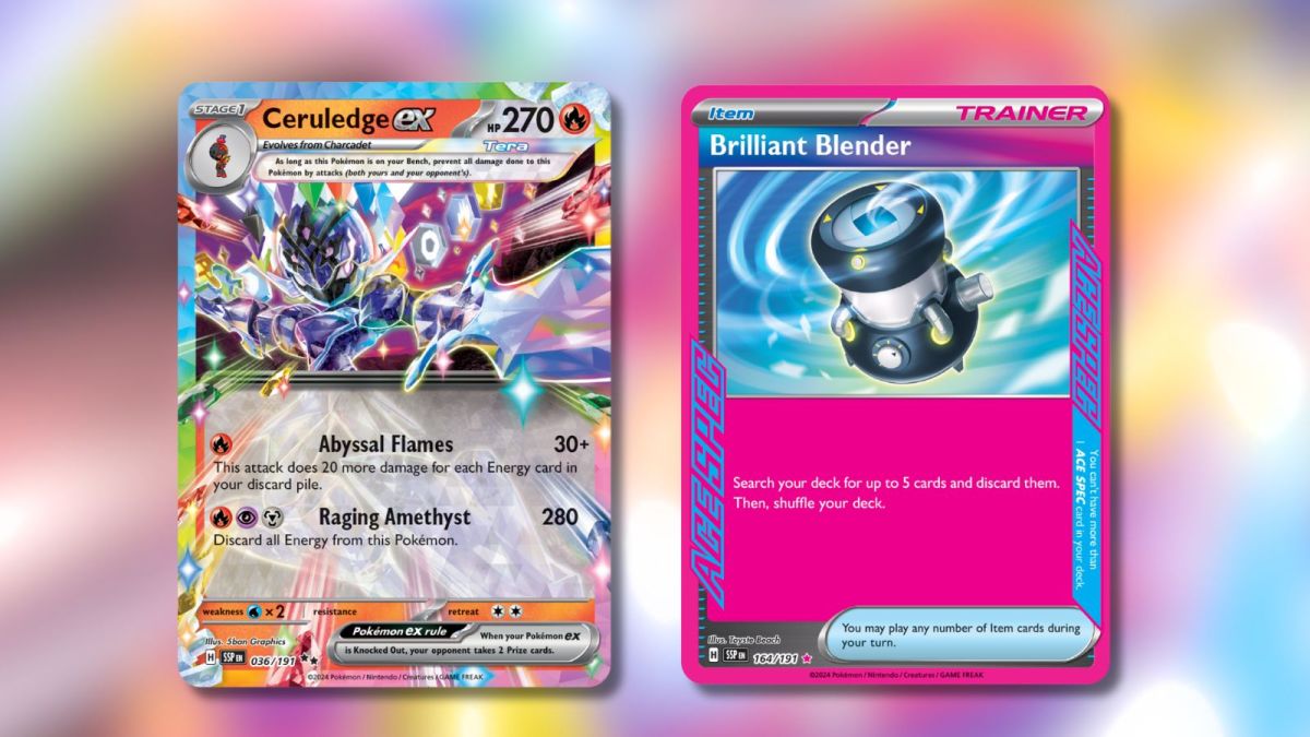 Ceruledge ex and Brilliant Blender ACE SPEC Pokémon cards with blurred background.