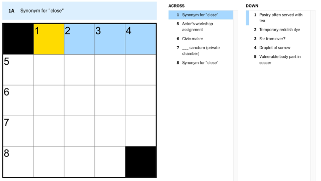 Synonym for close clue highlighted in blue and yellow on the nyt mini crossword puzzle