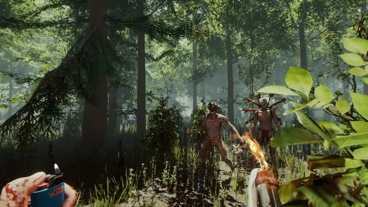 Player character brandishing a weapon and a lighter against two cannibals in the forest