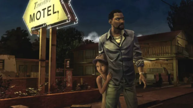 Clementine standing behind Lee in front of the motel in The Walking Dead Season One