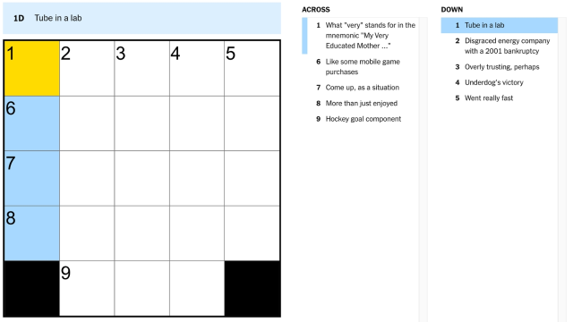 the clue, tube in a lab, highlighted in blue and yellow from the nyt mini crossword puzzle