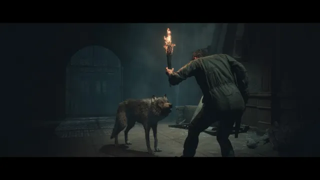 Mike crouching down to greet the Sanatorium wolf in Until Dawn