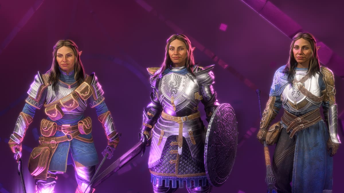 Three characters stand shoulder to shoulder in the customization menu, representing Veilguard's three main classes: Warrior, Rogue, and Mage.