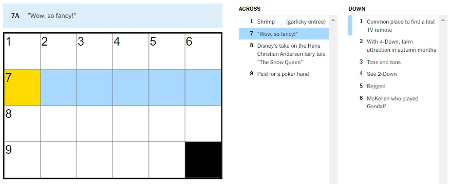 Picture showing the wow so fancy clue in NYT Mini Crossword.