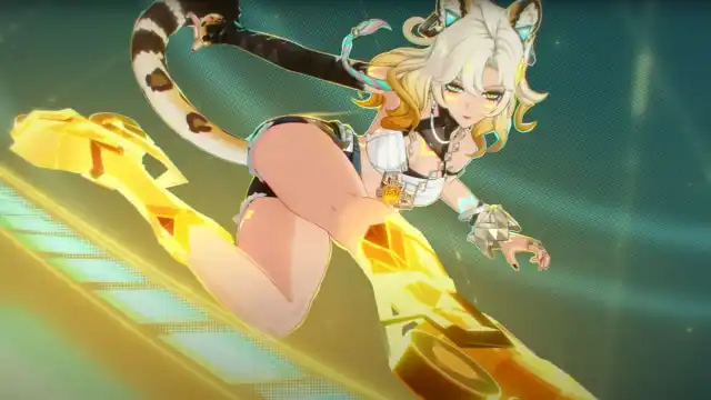 An image of Xilonen posing with her rollerskates in Genshin Impact. While wearing her blades, she uses them as her weapon and deals Geo damage.