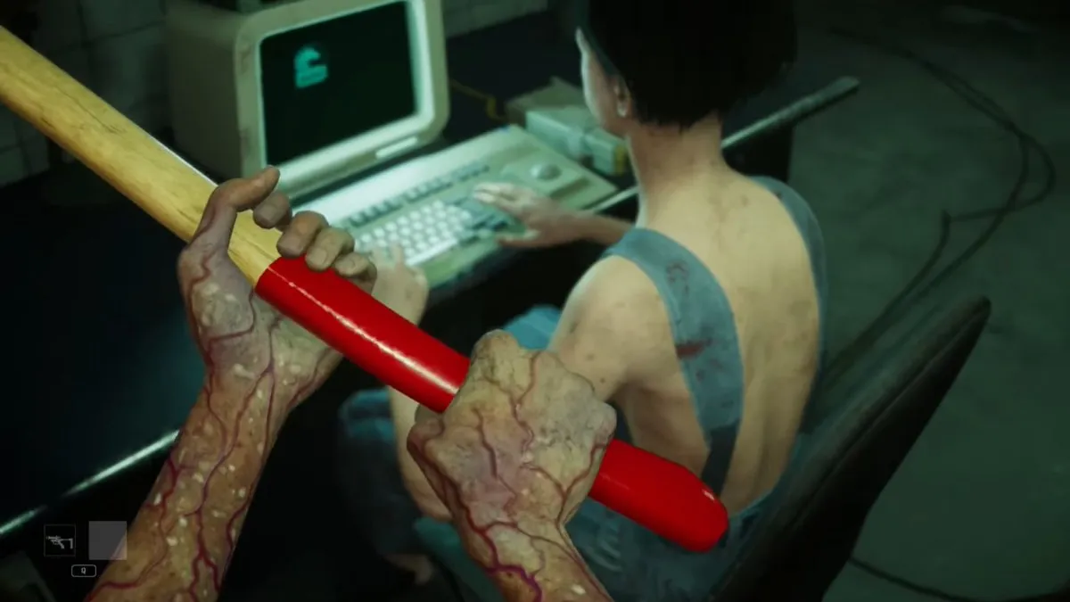 First-person shot of Paul holding the axe and aiming at Sarah's neck as she sits at a computer desk