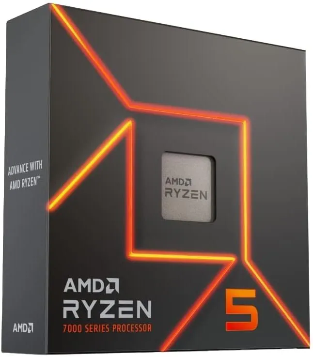 3/4 front view of the AMD Ryzen 5  7600X product box. More details below.