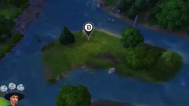 Ann's grave on an island in a river marked in The Sims 4 Life & Death.