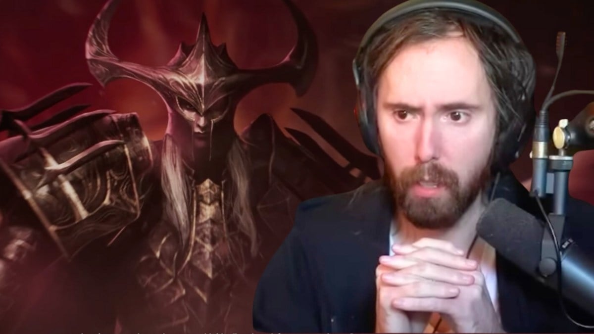 Asmongold next to an image of the guardian ezekiel from throne and liberty