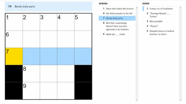 The Bendy body parts clue highlighted on the NYT Mini Crossword puzzle.