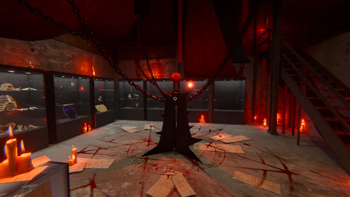 A blood moon altar hanging from the ceiling in the Phasmophobia lobby.