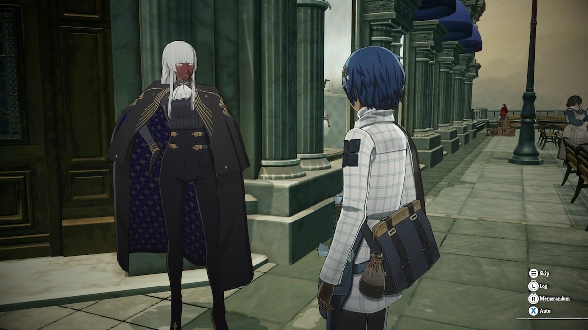 Brigitta Lycaon and the protagonist speak in front of her store. Brigitta is a dark-skinned woman with white hair and pale eyes wearing an Art Deco-esque coat.