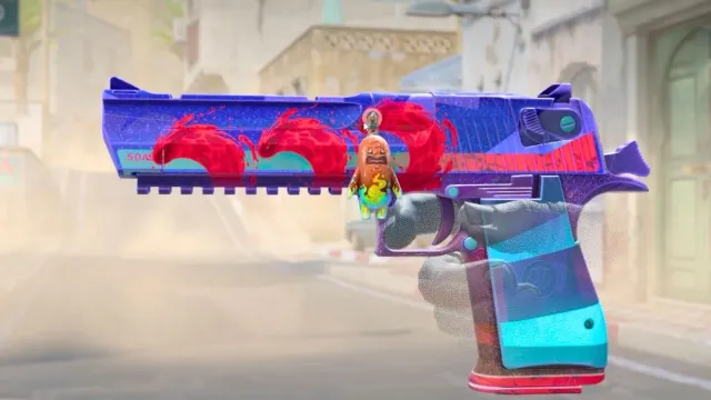 A colorful gun with a sausage charm in CS2