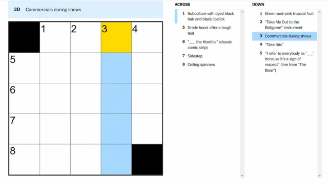 Commercials while the clue is shown are highlighted in the NYT mini crossword puzzle.