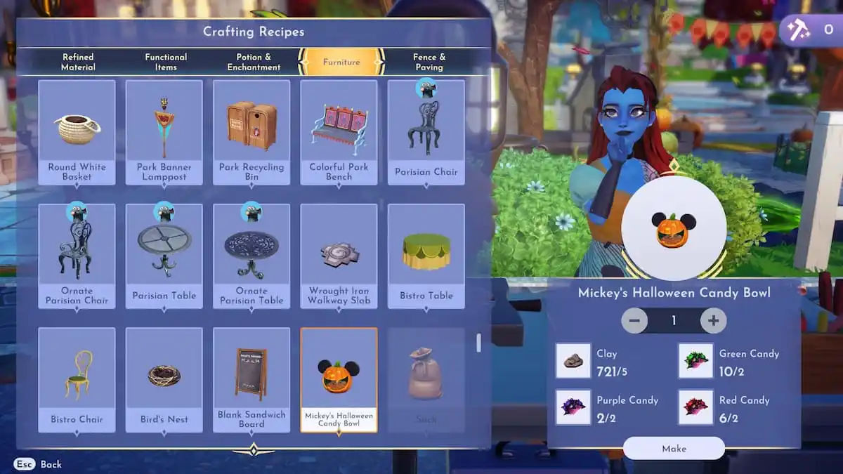 Preparing to craft Mickey's Halloween Candy Bowl using two Green Candy, two Purple Candy, two Red Candy, and two Clay in Disney Dreamlight Valley.