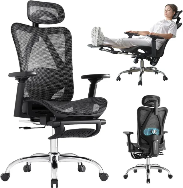 Three images of the DFLIVE Ergonomic Office Chair, described in detail below. One image of the chair at 3/4 front view, one image depicts a young woman reclining on the chair with foot rests fully extended, one image of the chair from the back with arrows highlighting the adjustability of the lumbar support.