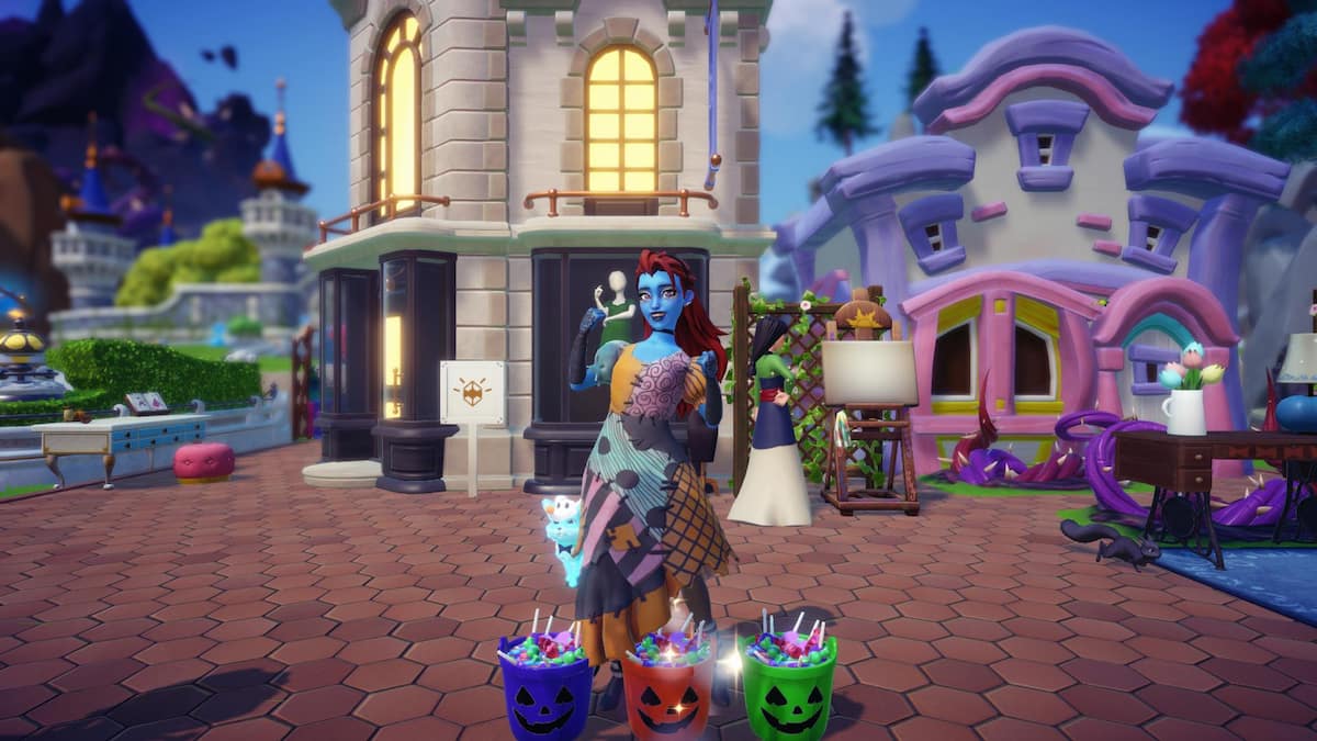 Standing by blue, orange, and green candy buckets in Disney Dreamlight Valley.