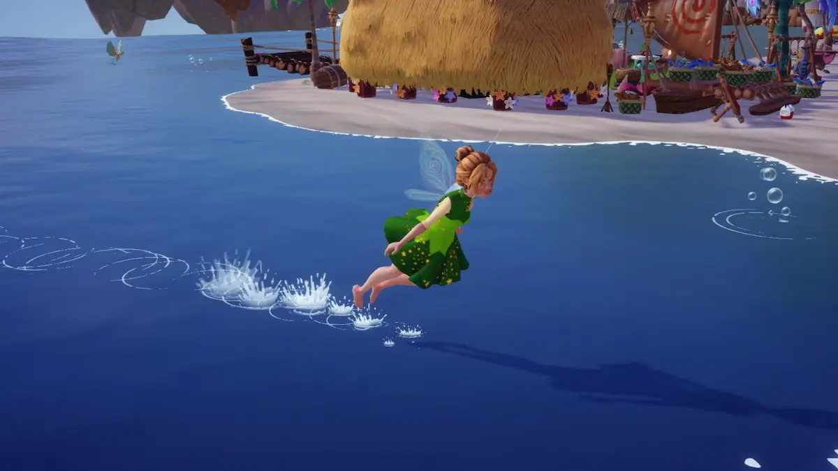 A player dressed as Tinker Bell flying in Disney Dreamlight Valley.