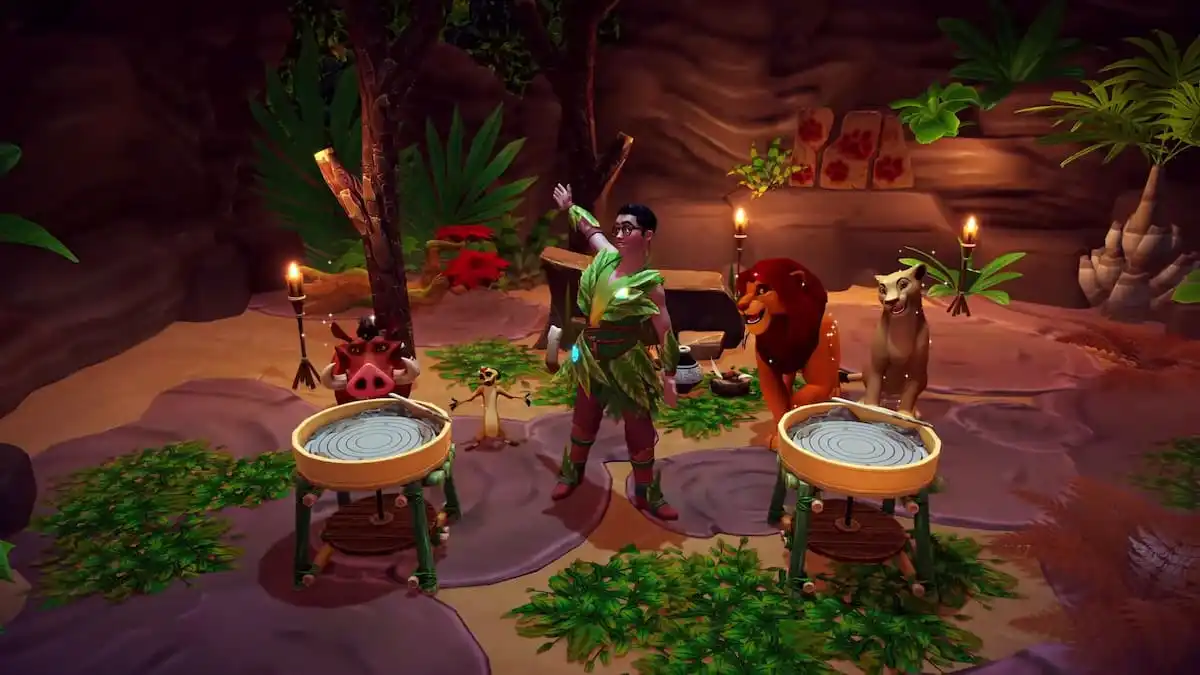 Simba, Nala, Timon, Pumbaa, and the player gathered together at Pride Rock in Disney Dreamlight Valley.