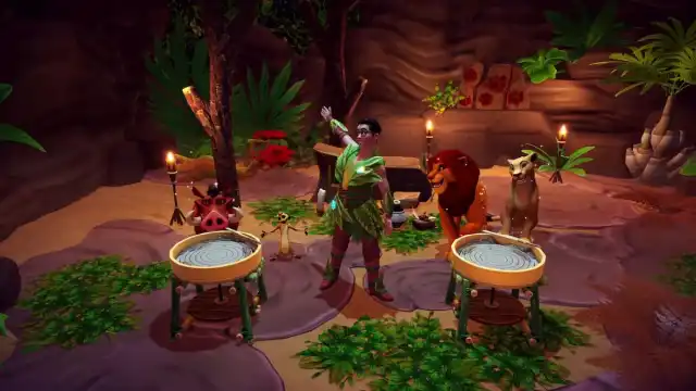 Simba, Nala, Timon, Pumbaa, and the player gathered together at Pride Rock in Disney Dreamlight Valley.