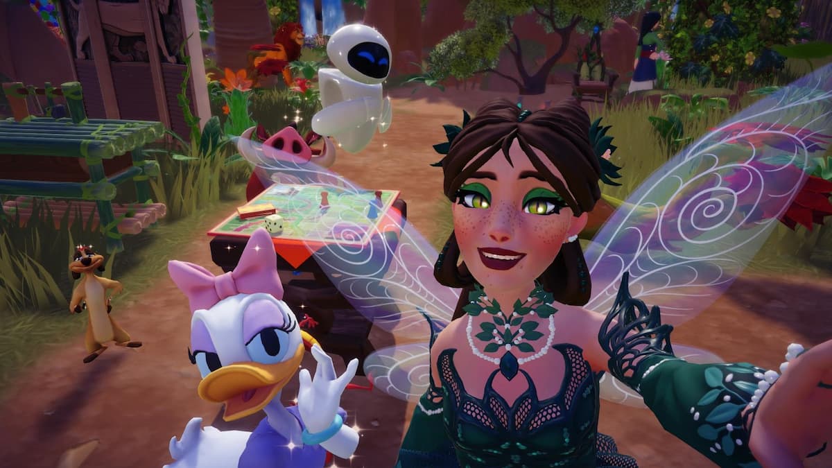 Taking a picture with a board game and some villagers during the Old Enemies quest in Disney Dreamlight Valley.