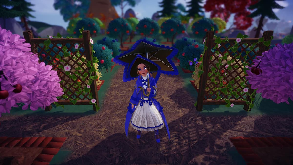 A player dressed in a purple witch outfit holding an umbrella while standing in a fruit orchard with lots of trees and bushes in Disney Dreamlight Valley.