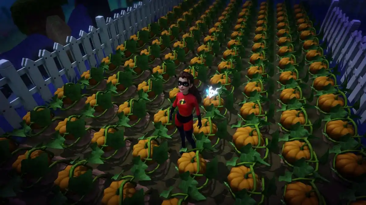 Standing in a vast pumpkin field in Disney Dreamlight Valley.