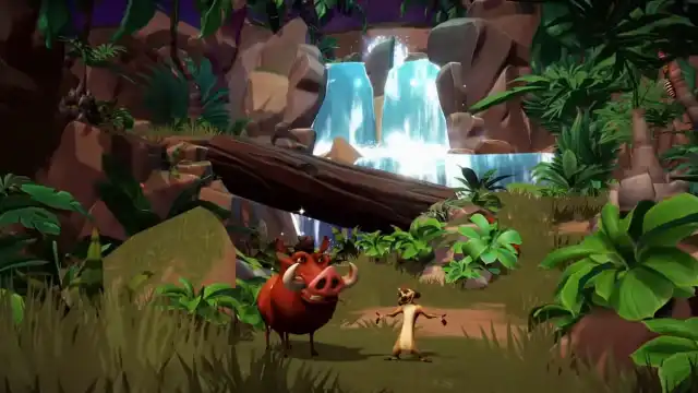 Timon and Pumbaa in The Lion King Realm in Disney Dreamlight Valley.