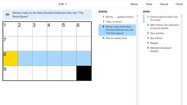 The Disney's take on the Hans Christian Andersen fairy tale "The Snow Queen clue highlighted on the NYT Mini Crossword.