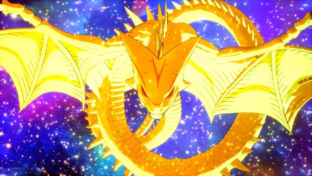 Dragon Ball Sparking Zero Dragon Balls: a golden drake with huge wings and a space background.