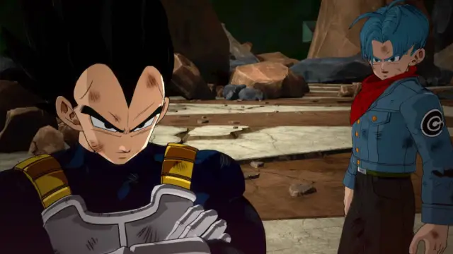 Dragon Ball Sparking Zero Future Trunks branching paths: Trunks and Vegeta look beaten but victorious.