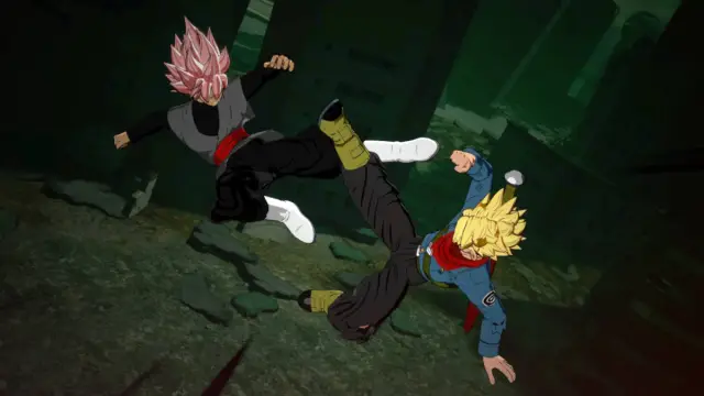 Dragon Ball Sparking Zero Goku Black branching paths: Goku Black in his Rose form and Trunks in Super Saiyan form kicking each others legs in the air.