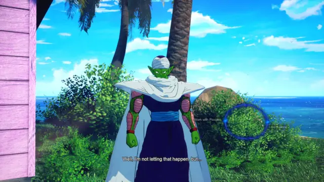 Dragon Ball Sparking Zero Goku branching paths: Piccolo, a green alien dressed in a turban and robes, is offering us the choice to accept his help or fight our new rival alone.