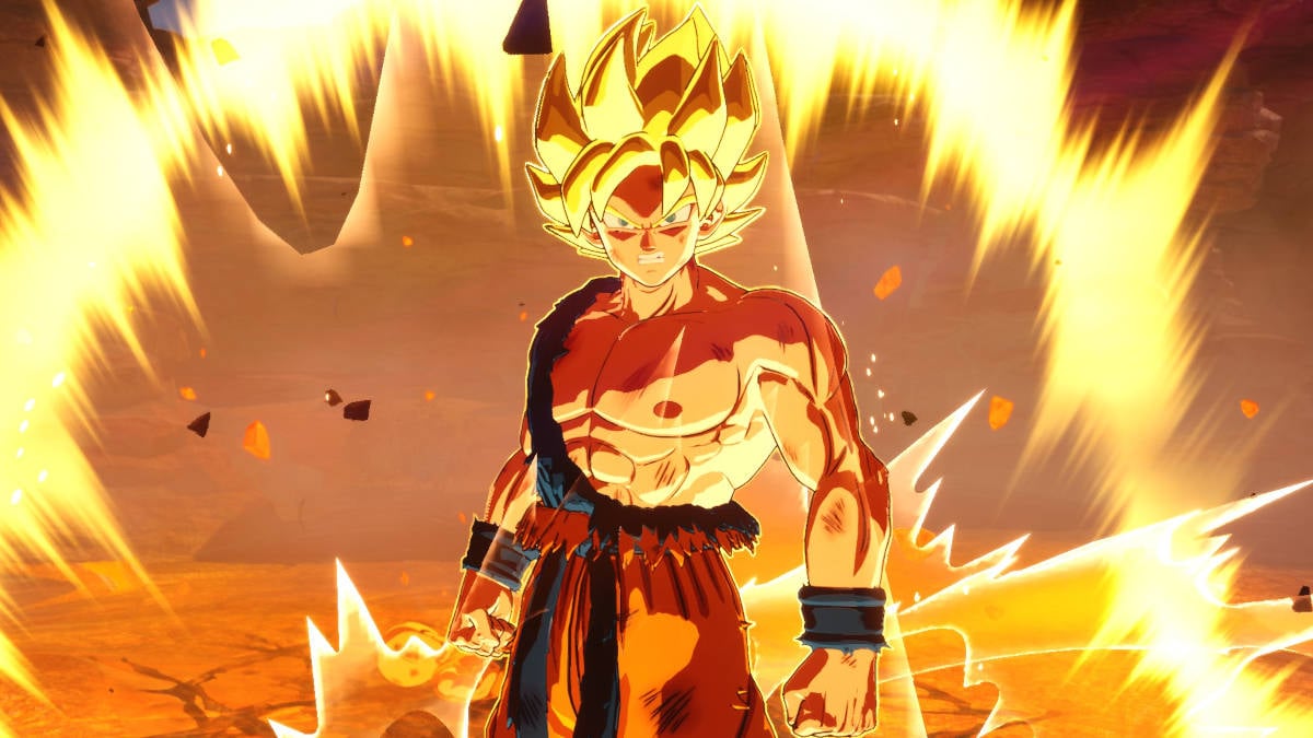 Dragon Ball Sparking Zero Goku branching paths: Goku is reaching his Super Saiyan form for the first time, having blonde spiky hair and torn robes. He looks extremely angry.