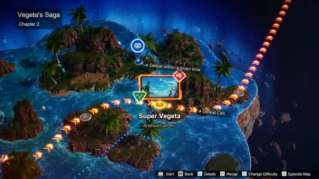 Dragon Ball Sparking Zero Vegeta branching paths: the map screen with the Super Vegeta level highlighted.