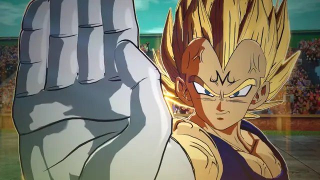 Dragon Ball Sparking Zero Vegeta branching paths: Majin Vegeta is holding his palm out to blast away his target.