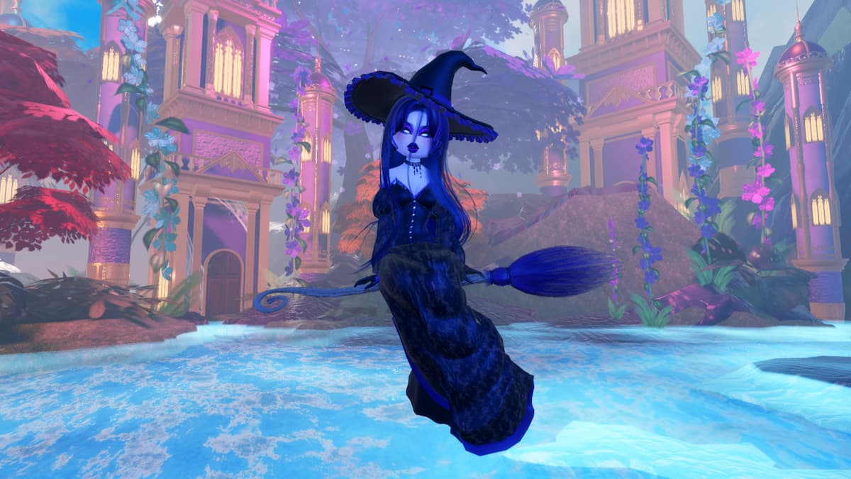 A purple witch riding a broom over a glowing blue lake in Dress to Impress.