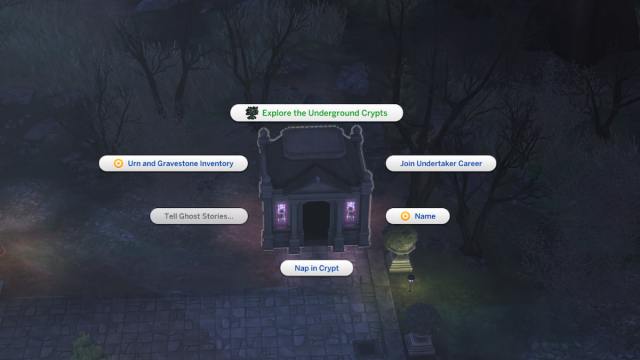 The Explore the Underground Crypts option highlighted on a Crypt in The Sims 4 Life & Death.