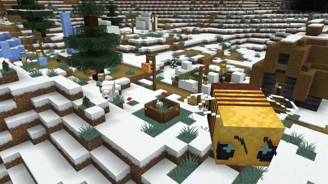 A bee flying over a snowy village in Minecraft with the Faithful texture pack.