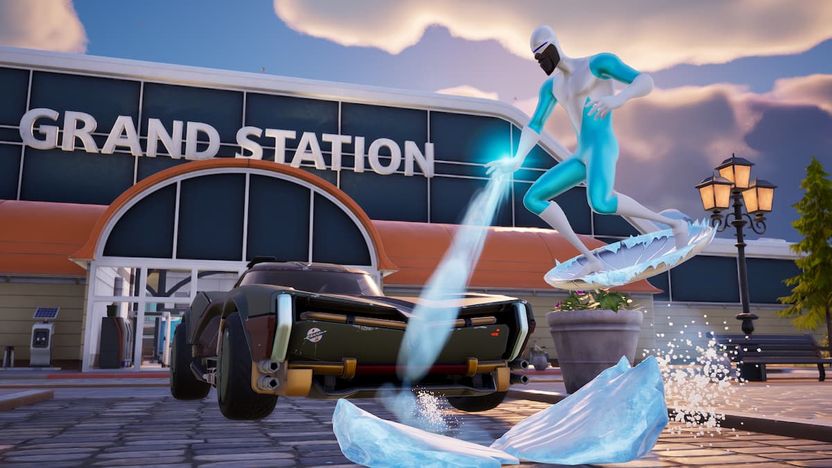 Frozone using his ice powers in front of a car in Fortnite.