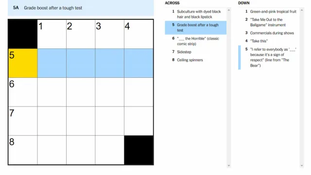 The Grade boost after a tough test clue highlighted on the NYT Mini Crossword.