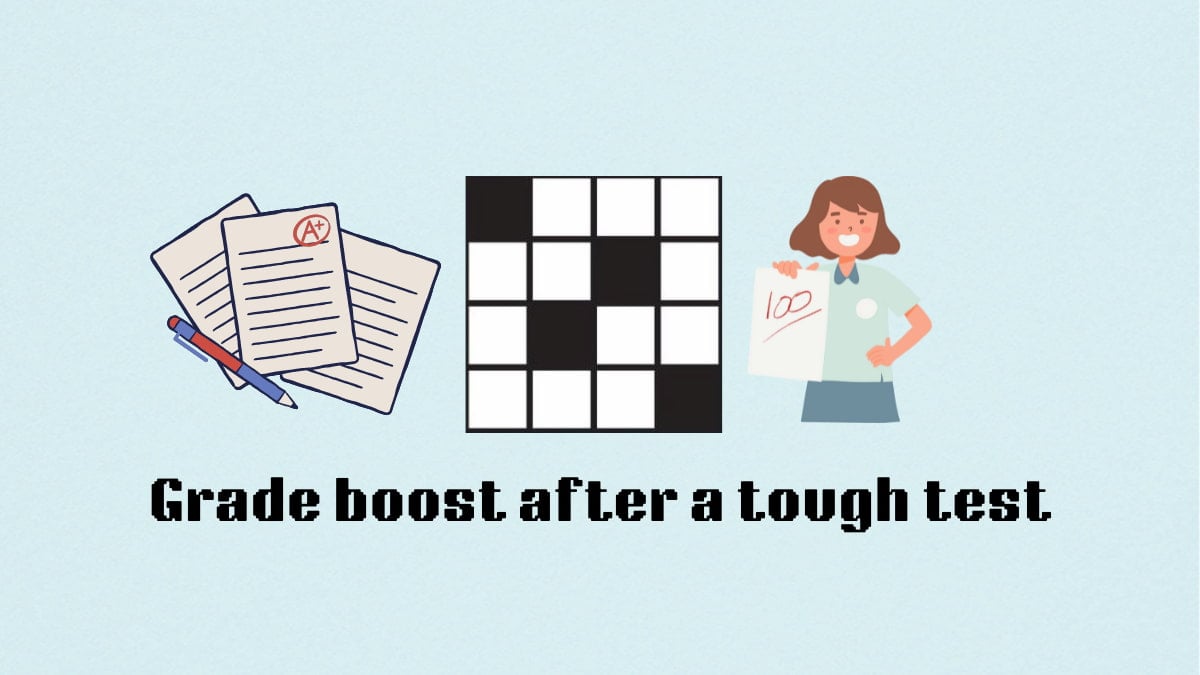 A collection of tests and a person holding a test with a 100 on it by the Grade boost after a tough test clue for the NYT Mini Crossword.