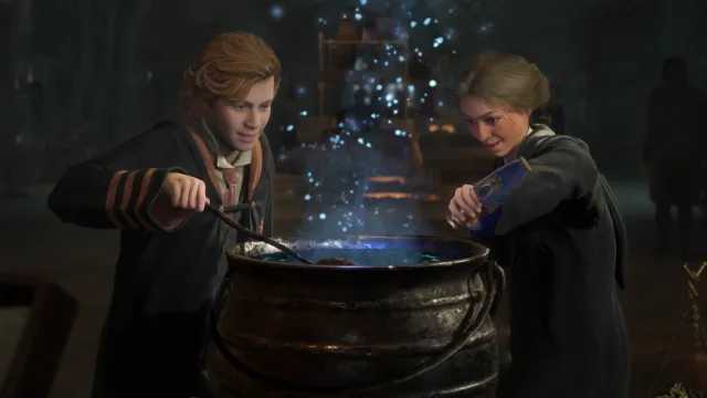 A boy and a girl adding ingredients to a cauldron in Hogwarts Legacy